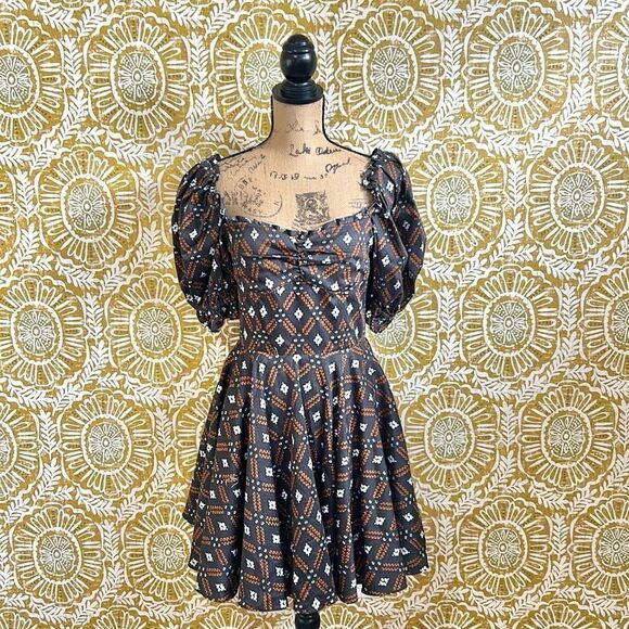 NWOT Autumn Adeigbo Camille Diamond Print Puff Sleeve Lace Up Back Mini Dress 8 - Picture 8 of 16